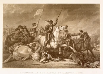 Cromwell führt den Angriff an, nachdem er am rechten Arm in der Schlacht von Marston Moor, 2. Juli 1644, verwundet wurde, graviert von John Crew